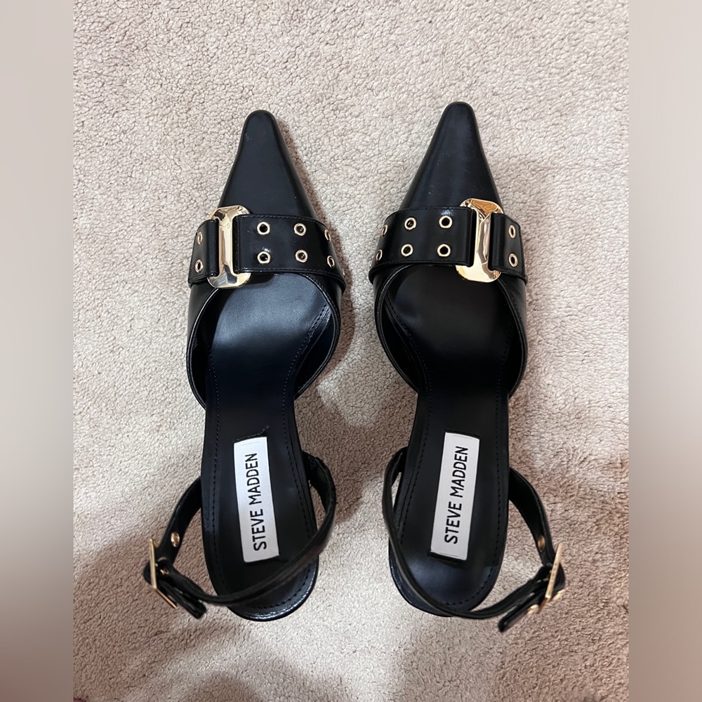 Steve Madden Black Pointed Toe Slingback Heels with Gold Buckle Detail - Picture 6 of 7
